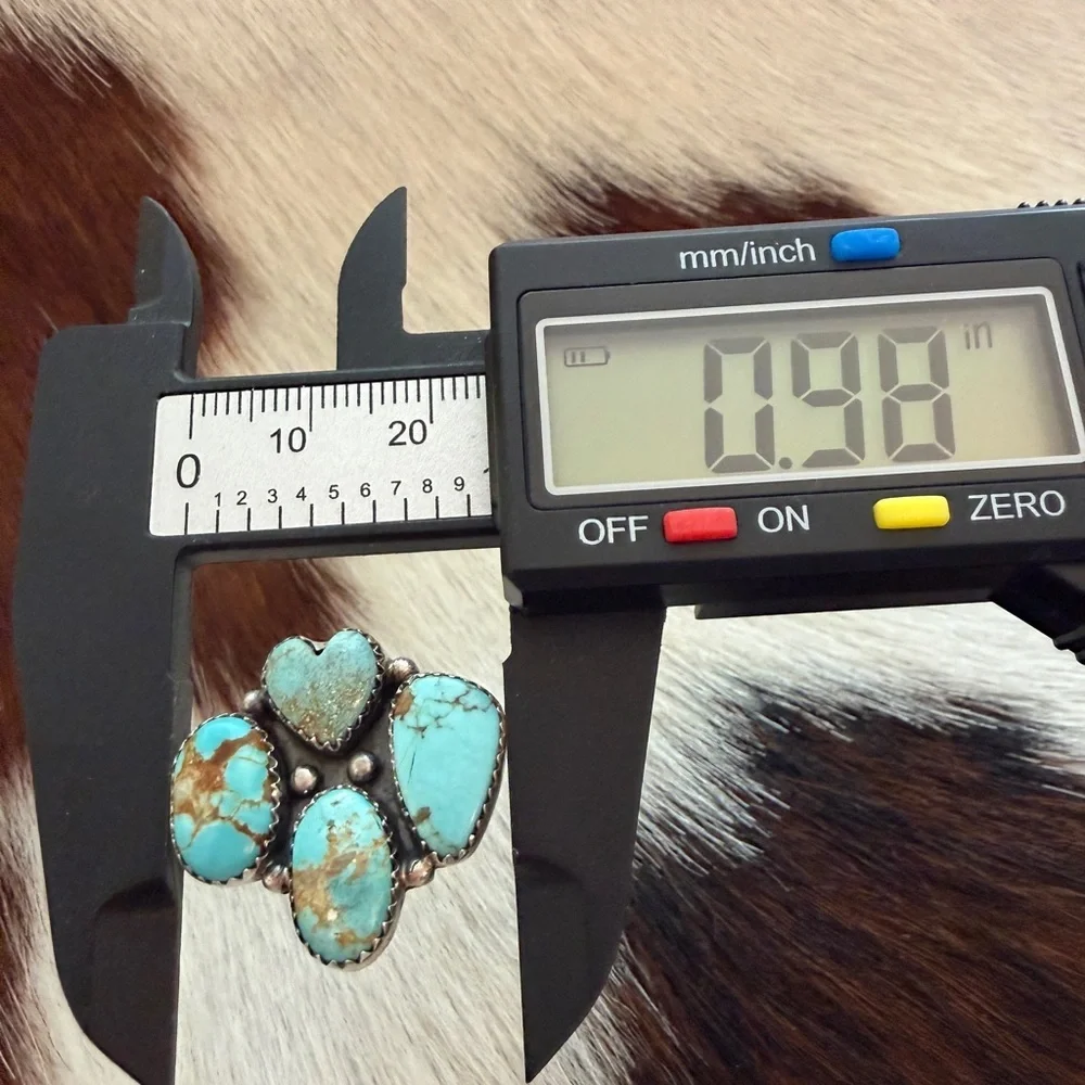 ❤️ #8 Turquoise Navajo Style 4 Stone Heart Statement Ring Adj Unisex 7.8 Gms 925